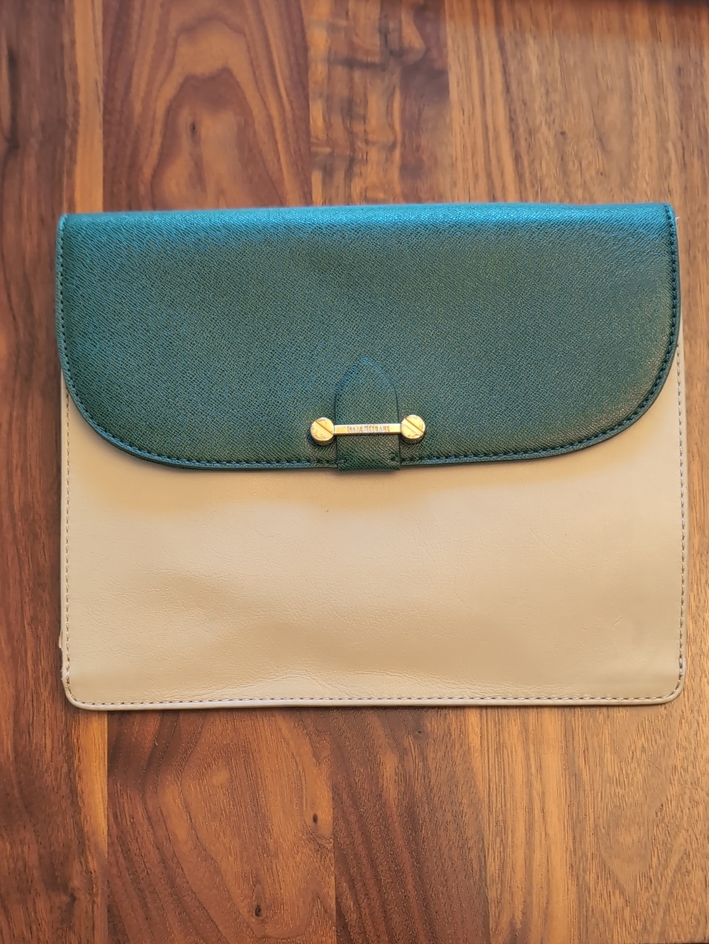 Isaac Mizrahi Leather Two-Tone Green and Cream Women's Envelope Clutch